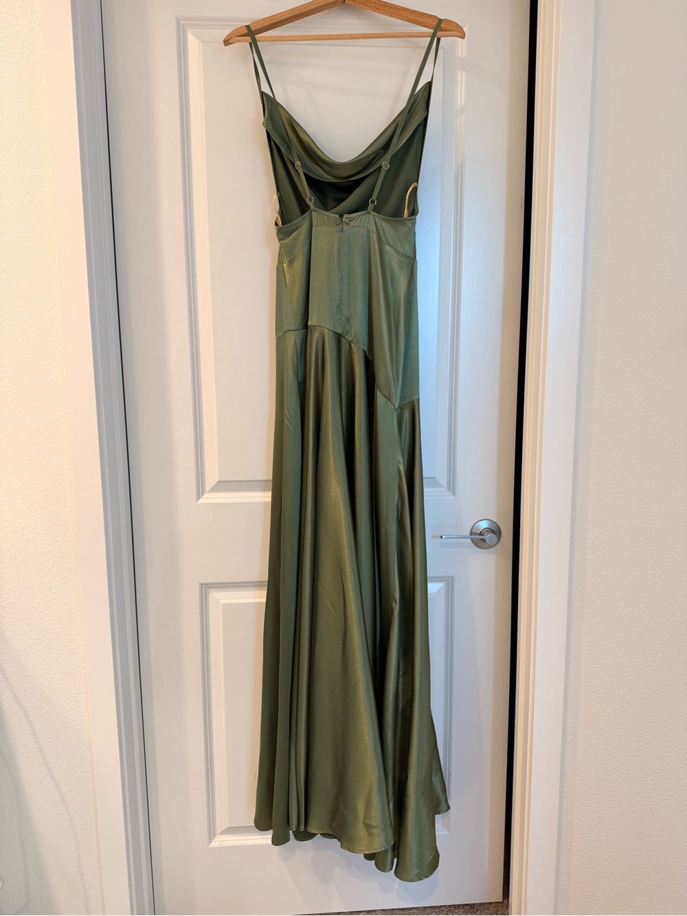 NEW Bronx Banco Leo Sage Maxi Dress, Olive Green Satin Cowl Neck Evening Gown - Picture 12 of 16